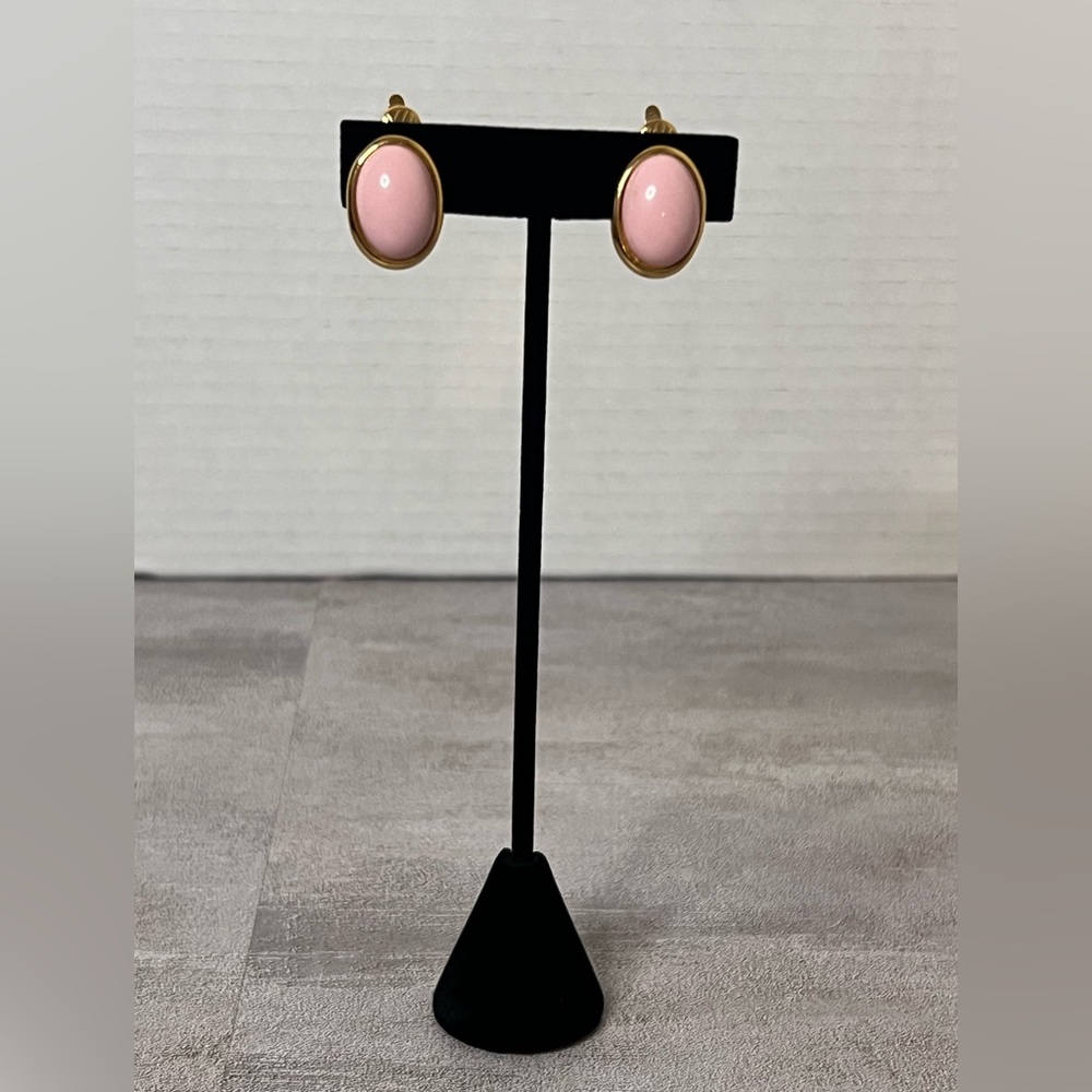 Trifari Pink and Gold Oval Clip on  Earrings